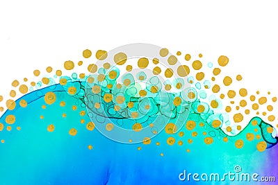 Abstract Ocean Foam Print Imitation. Watercolor Blue Texture with Gold Glitter Bubbles. Stock Photo