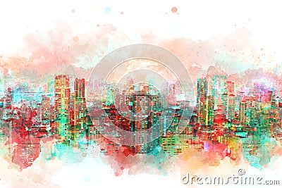 Abstract offices Building in the capital city on watercolor painting background. City on Digital illustration. Cartoon Illustration