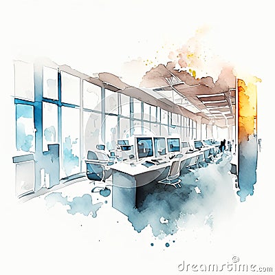 Abstract offices on watercolor painting background. Digital illustration painting style. generative AI Cartoon Illustration