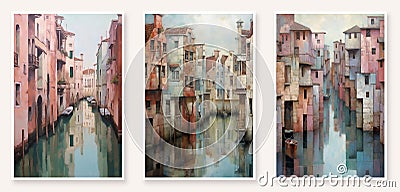 Abstract oil painting on canvas of houses on the water in a floating city on the sea, wall painting Stock Photo