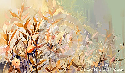 Abstract oil painting of colorful flower with orange, red, yellow leaf. Illustration hand painted, nature of fall, autumn season. Stock Photo