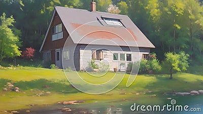 abstract oil painting of a cottage at lakeside and mountains Stock Photo