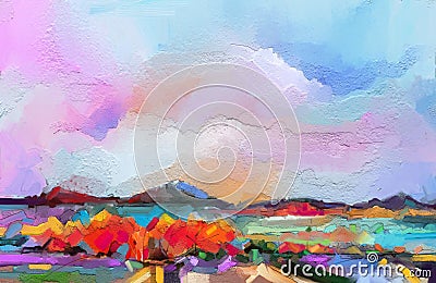 Abstract oil painting landscape. Colorful Semi abstract tree ,field, river,meadow. Stock Photo