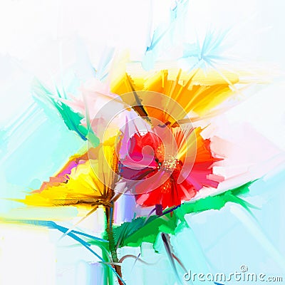 Abstract oil painting of spring flowers. Still life of yellow and red gerbera flower Stock Photo