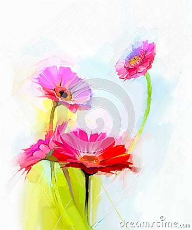 Abstract oil painting of spring flowers. Still life of yellow and red gerbera flower Stock Photo