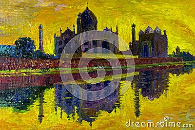 Abstract oil painting. Taj Mahal in Agra, India. Cartoon Illustration