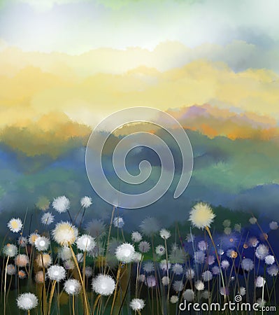 Abstract oil painting white flowers field in soft color Stock Photo