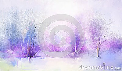 Abstract oil painting winter forest landscape. Semi abstract image of tree, field, meadow. Stock Photo