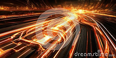 Abstract Orange Digital Highway Futuristic Technology Background Design art red path data flow wave Stock Photo