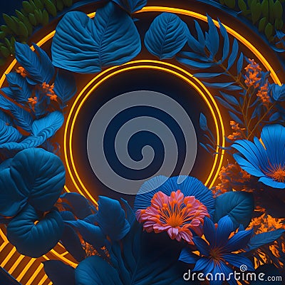 Abstract Orange Neon Glowing Arch With Blue Tropical Closeup Leaves And Flowers Party Summer Night Club Mood Refreshing Green Stock Photo