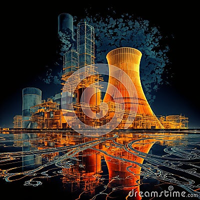 Abstract orange nuclear plant with mirrored reflections, lines, and shapes in the scene., generative ai Stock Photo
