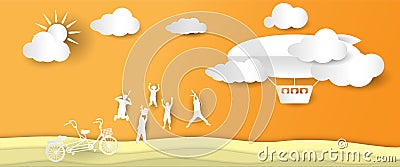 Abstract orange sky and happy family and friends jumping with ballon airship for tourists of paper art style Vector Illustration