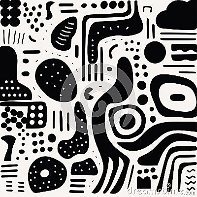 Abstract Black And White Doodle Poster With Organic Forms And Minimalist Style Cartoon Illustration