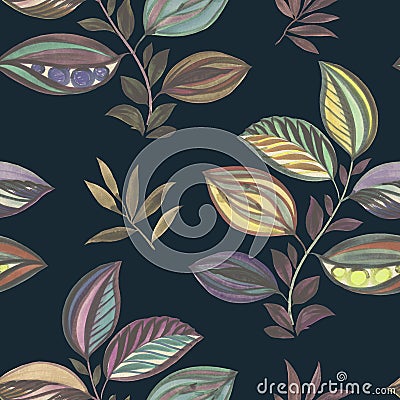 Abstract ornament. Colorful illustration. Watercolor drawing of leaves of different colors. Leaves and branches for design. Cartoon Illustration