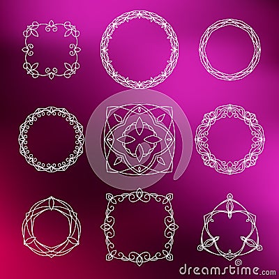 Abstract ornamental lace frames set on purple background Vector Illustration