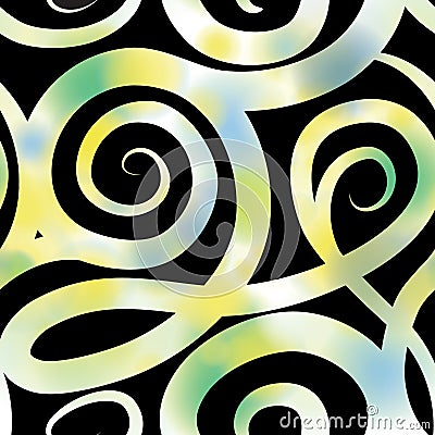 Abstract ornamental spiral seamless pattern. Black swirl line backdrop with blurred summer background Stock Photo