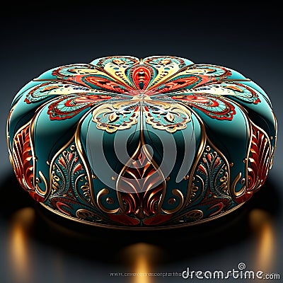 Elegant Ottoman Stool With Ornate Blue Design On Black Background Stock Photo