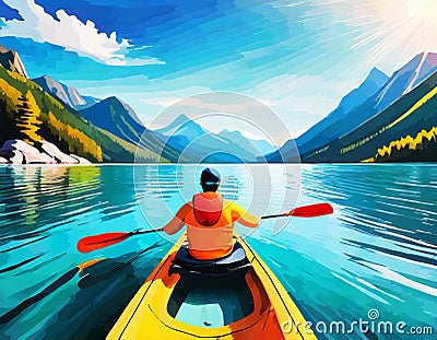 Abstract Outdoor Nature Selfie Canoeing Kayaking on Sunny Day on Lake Sea with Mountain View on digital art concept, Generative AI Stock Photo