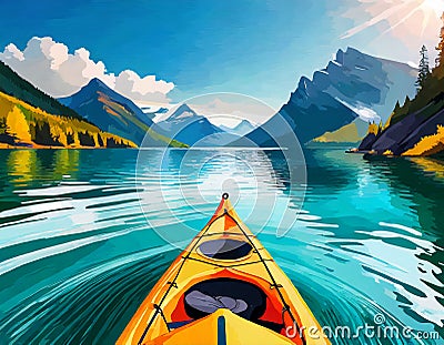 Abstract Outdoor Nature Selfie Canoeing Kayaking on Sunny Day on Lake Sea with Mountain View on digital art concept, Generative AI Stock Photo
