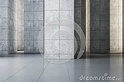 Abstract outdoors hall with huge concrete pillars on glossy floor. 3D rendering Stock Photo