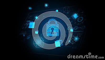 Abstract Padlock Cyber Security Blockchain Hack Prevention By blockchain, security, on blue background, futuristic Vector Illustration
