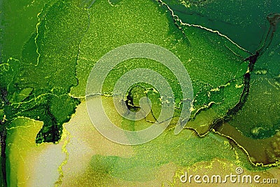 Abstract paint gold and green blots background. Alcohol ink colors. Marble texture Stock Photo