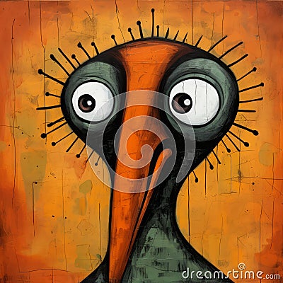 Humorous Caricature Painting: Black-eyed Bird On Orange Background Stock Photo