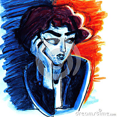 Abstract painting of bored woman in red and blue drawing style on white background gen ai Stock Photo