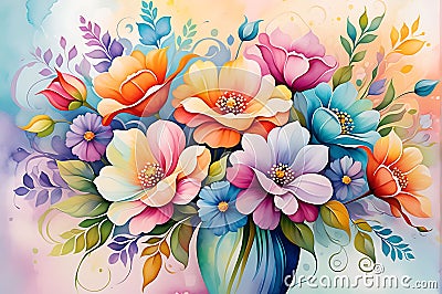 Abstract Painting - Bouquet of Undefined Flowers Centered, Swirls of Vibrant Colors Intermingling Stock Photo