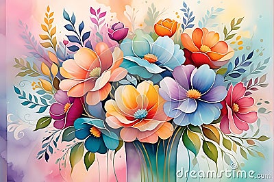 Abstract Painting - Bouquet of Undefined Flowers Centered, Swirls of Vibrant Colors Intermingling Stock Photo