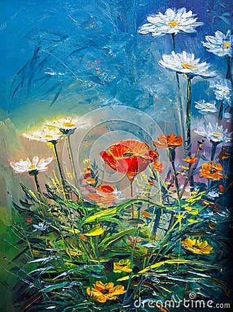 Oil Painting daisies flowers in the garden Stock Photo