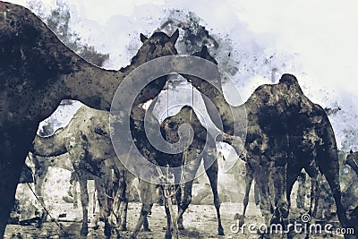 Abstract painting of camels in vintage tone Stock Photo