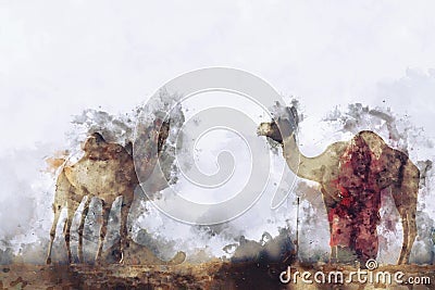 Abstract painting of camels in vintage tone Stock Photo