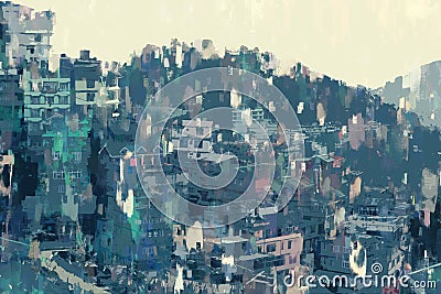 Abstract painting of city on hill, digital illustration, acrylic texture on image Cartoon Illustration