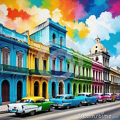 Abstract painting Colorful art of a Caribbean urban Cuban Cartoon Illustration