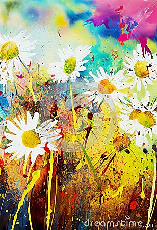 Abstract painting of daisies splashed with colorful paint. Digital illustration. AI-generated Cartoon Illustration