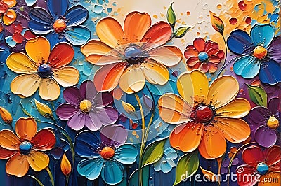 Abstract Painting Featuring an Array of Flowers as the Central Theme - Blended into a Vibrant Textured Tapestry Stock Photo