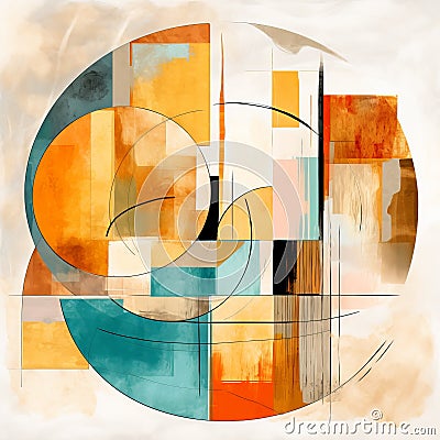 Abstract Geometric Painting In Teal And Amber With Symbolist Watercolor Style Cartoon Illustration