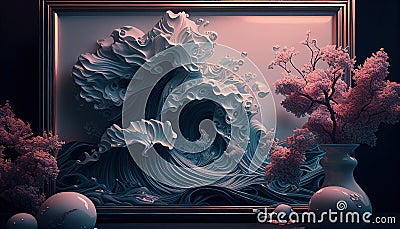 Abstract painting of huge wave in golden frame with abstract pink flowers in vase. AI generative panoramic banner Stock Photo
