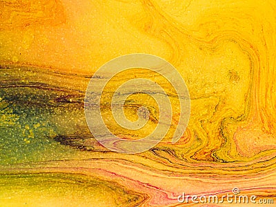 Abstract painting linear elements forming a wavy shape with undulating elements. shades of golden yellow green blue pink Cartoon Illustration