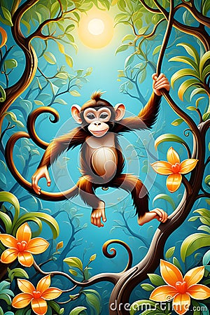 Abstract painting of a monkey swinging through the trees, flower, whimsical, animal, wallart, wallpaper, 8k, printable Stock Photo