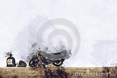 Abstract painting of motorcycle with young person in vintage tone Stock Photo