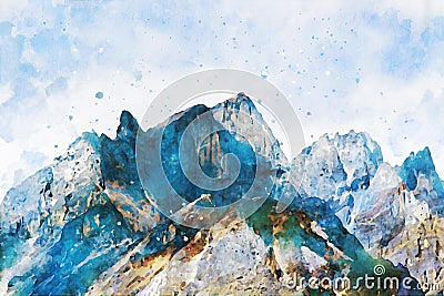 Abstract painting of mountains, nature landscape image, digital watercolor illustration Cartoon Illustration