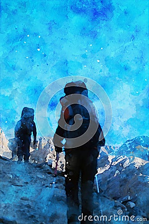 Abstract painting of solo trekker on mountain, digital watercolor illustration, art for background Cartoon Illustration