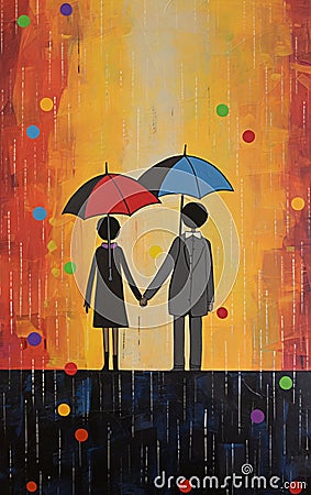 Abstract Painting Of Two People Holding Umbrellas In The Rain Stock Photo