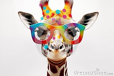 Abstract painting with vibrant colors. Cartoon giraffe with sunglasses on white background. AI generated Stock Photo