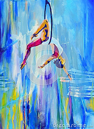 Abstract painting of woman hanging from hoop Stock Photo