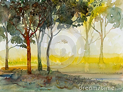 Abstract paintings watercolor landscape of ecology forest and meadow Cartoon Illustration