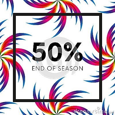 Abstract palm leafs with spectrum gradient. Fifty percent off. Special offer. Summer sale banner. End of season. Black frame. Vect Stock Photo