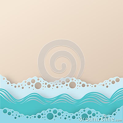 Abstract paper art sea or ocean water waves and beach. Vector Illustration